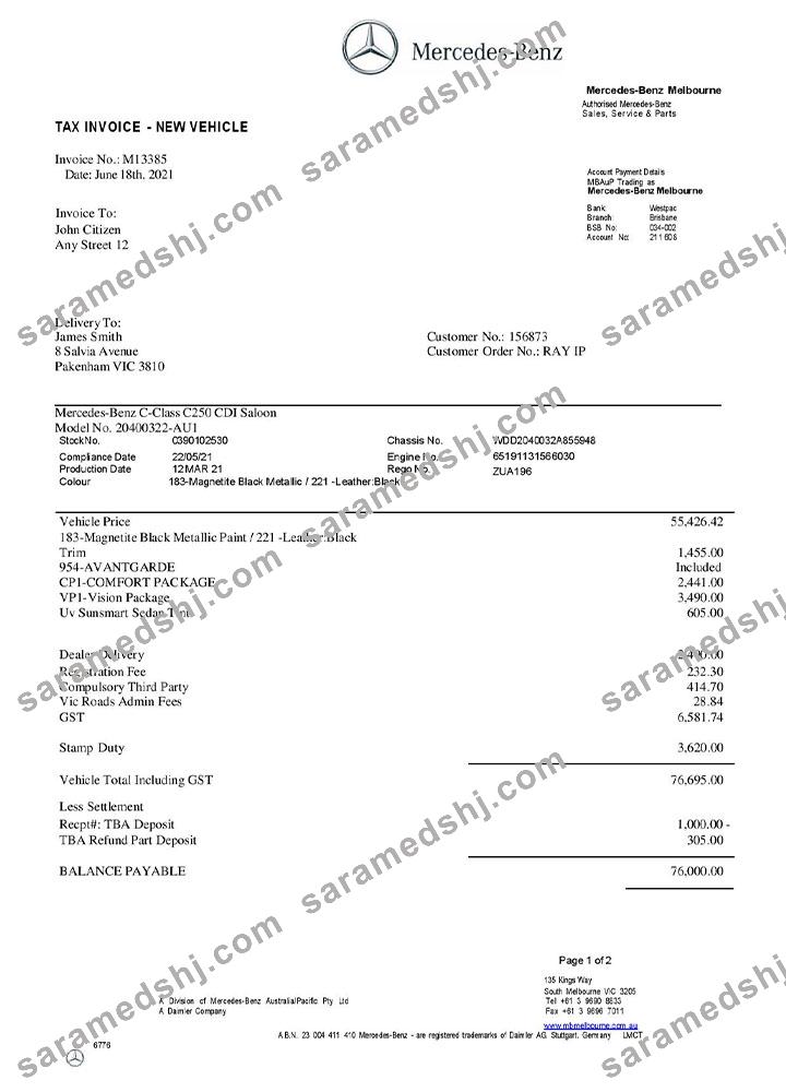 USA Mercedes-Benz invoice template